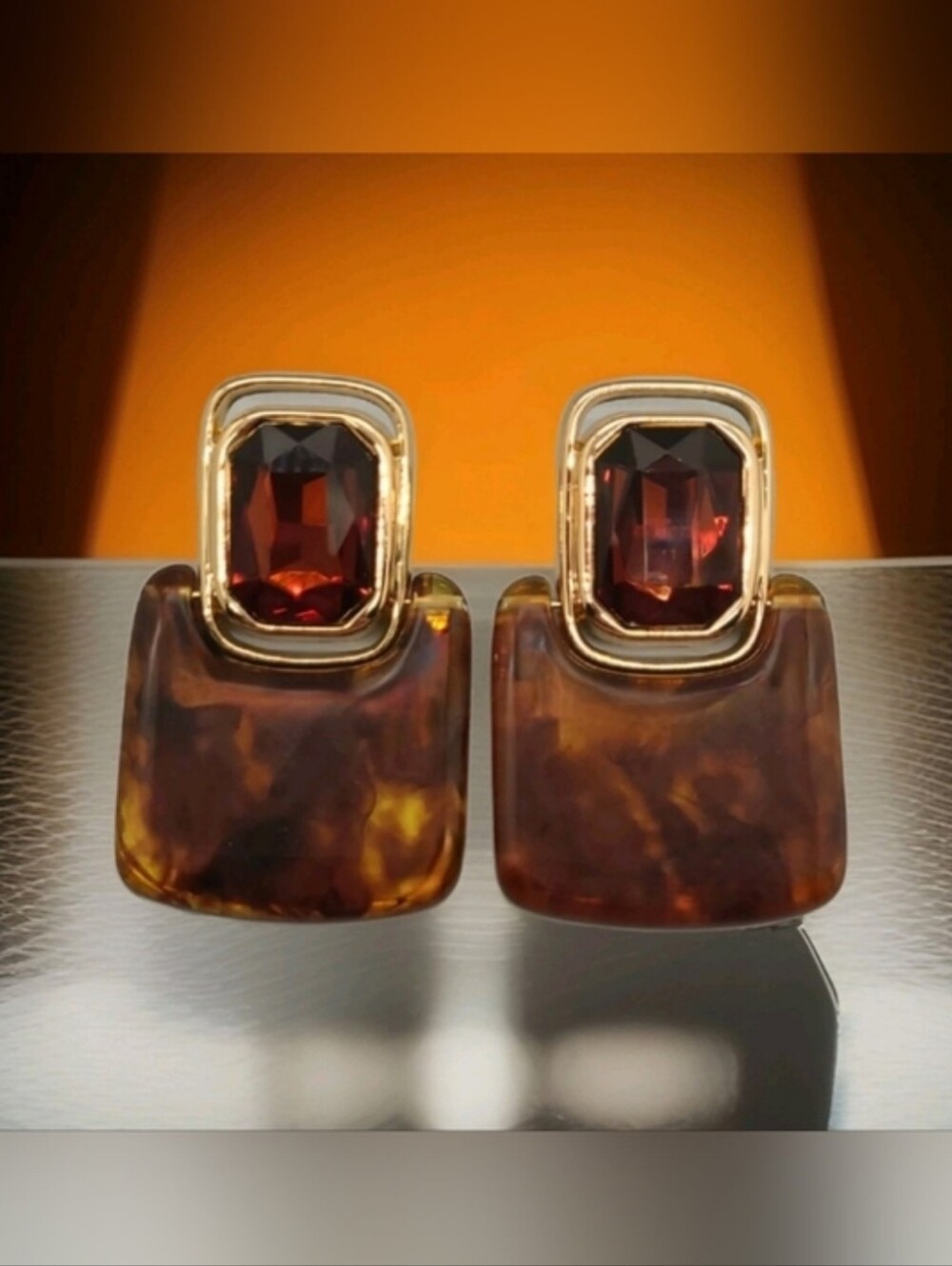 Vintage Retro Large Crystal Rootbeer Geometric Doorknocker Gold Drop Earrings